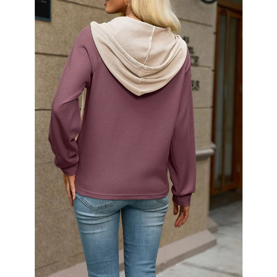 Waffle Knit Henley Hoodie with Contrast Trim Apparel and Accessories