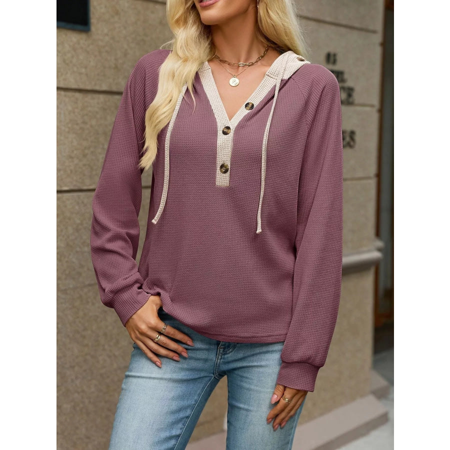 Waffle Knit Henley Hoodie with Contrast Trim Apparel and Accessories