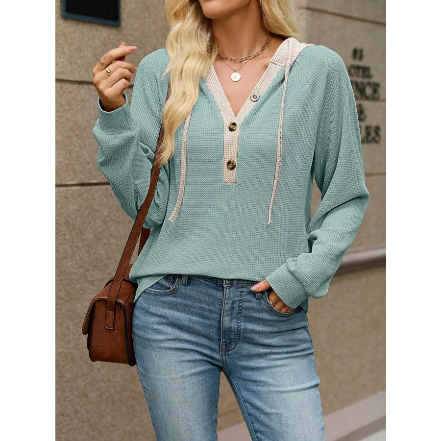 Waffle Knit Henley Hoodie with Contrast Trim Apparel and Accessories