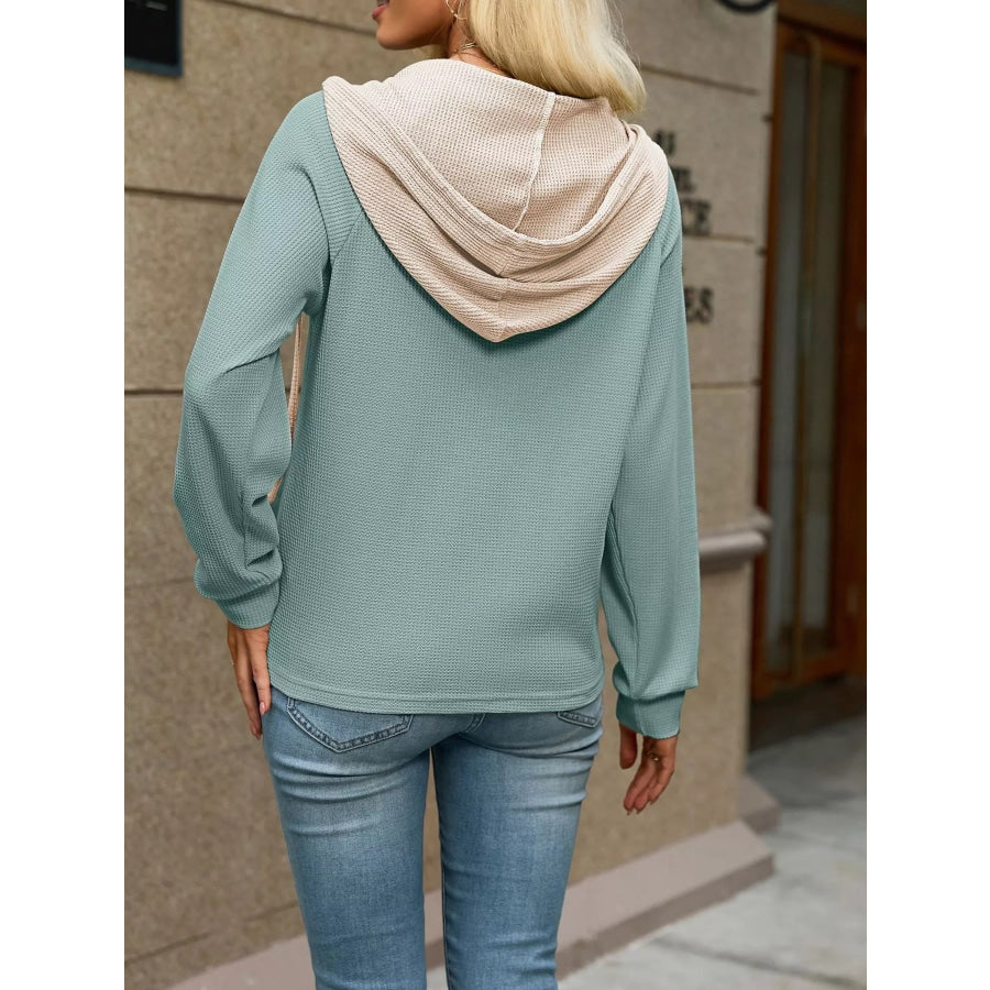 Waffle Knit Henley Hoodie with Contrast Trim Apparel and Accessories