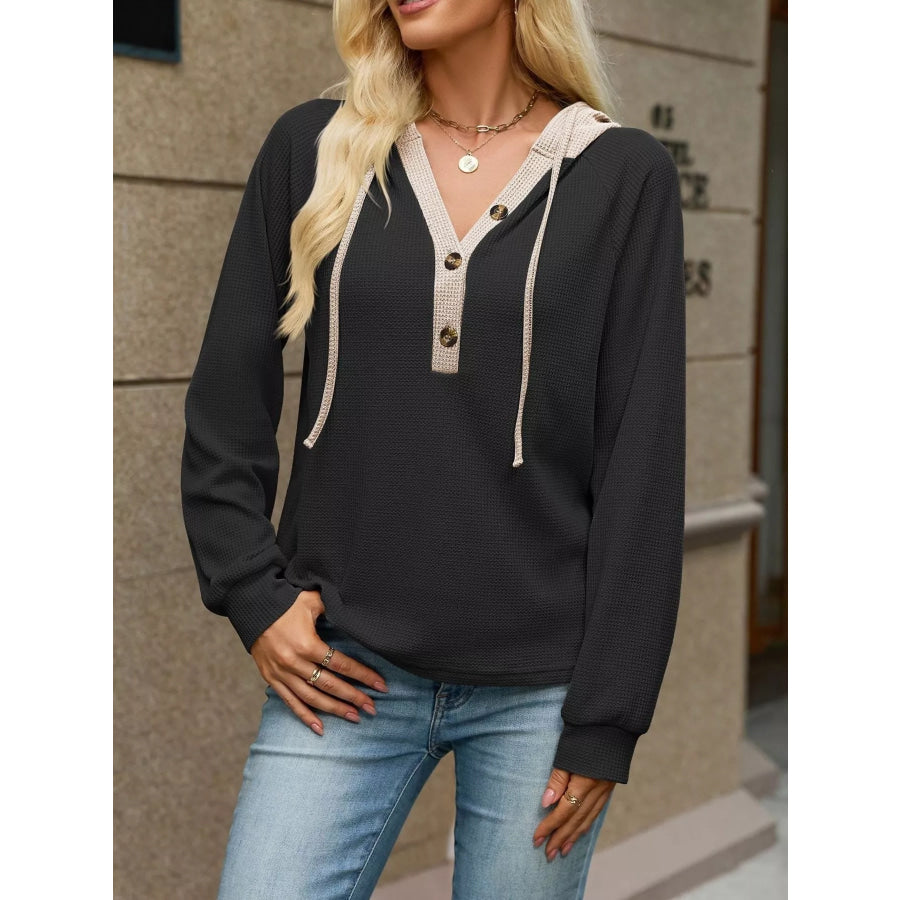 Waffle Knit Henley Hoodie with Contrast Trim Apparel and Accessories