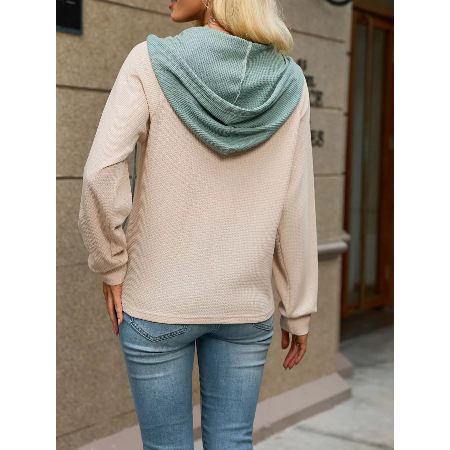 Waffle Knit Henley Hoodie with Contrast Trim Apparel and Accessories