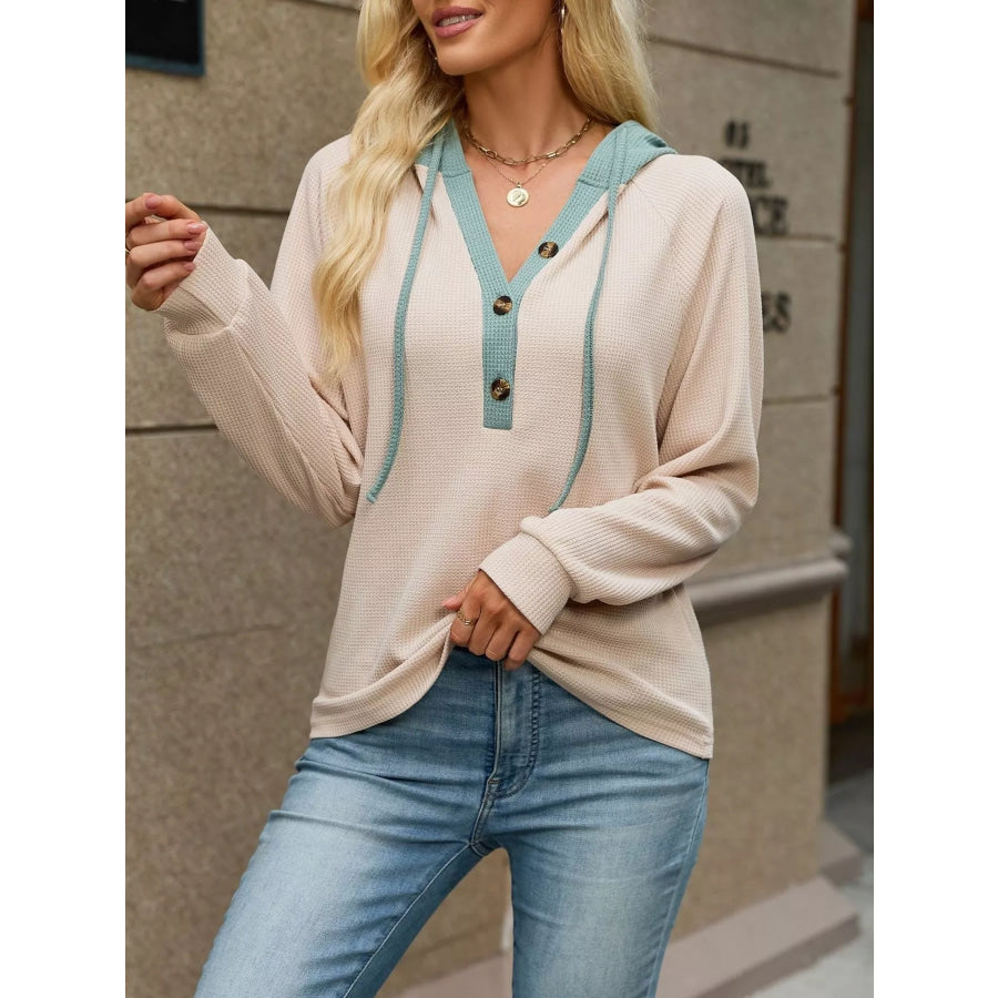 Waffle Knit Henley Hoodie with Contrast Trim Apparel and Accessories