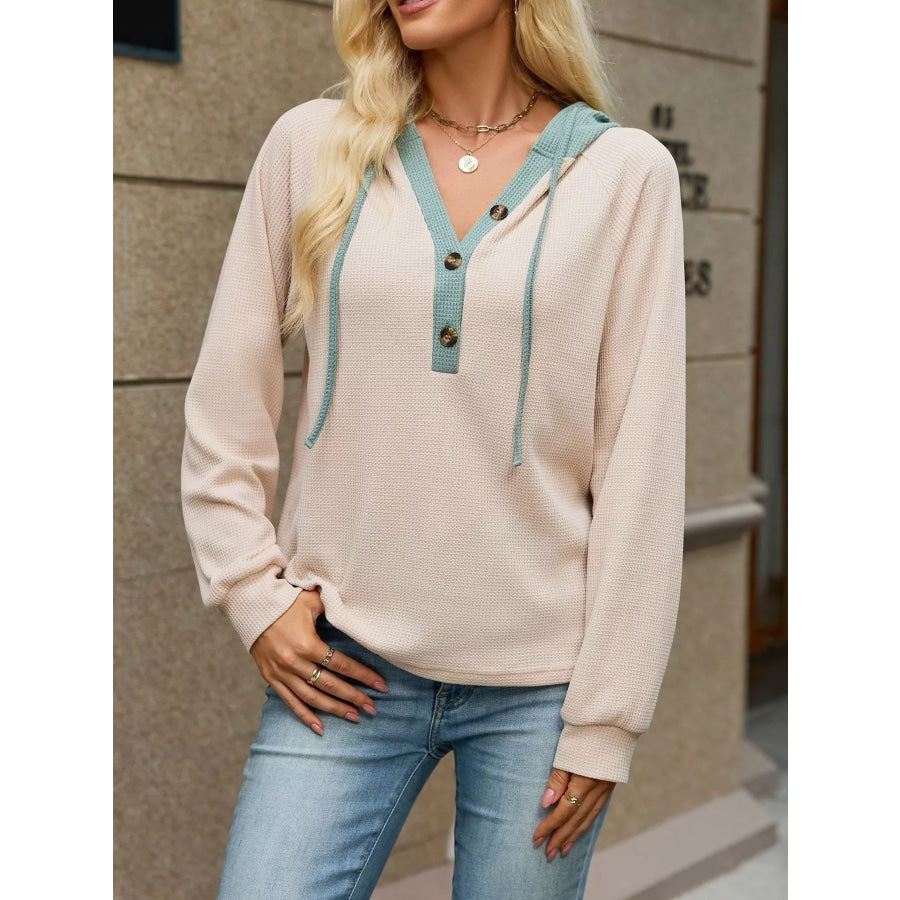 Waffle Knit Henley Hoodie with Contrast Trim Apparel and Accessories
