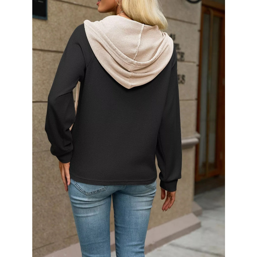 Waffle Knit Henley Hoodie with Contrast Trim Apparel and Accessories