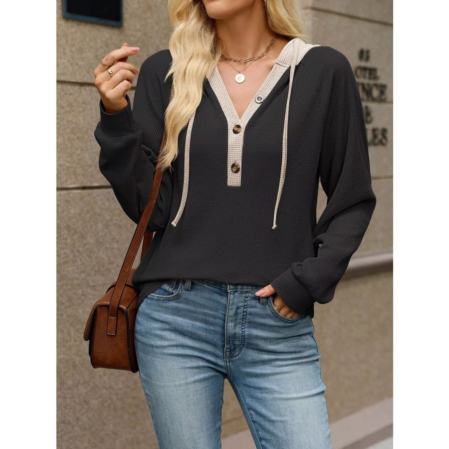Waffle Knit Henley Hoodie with Contrast Trim Apparel and Accessories