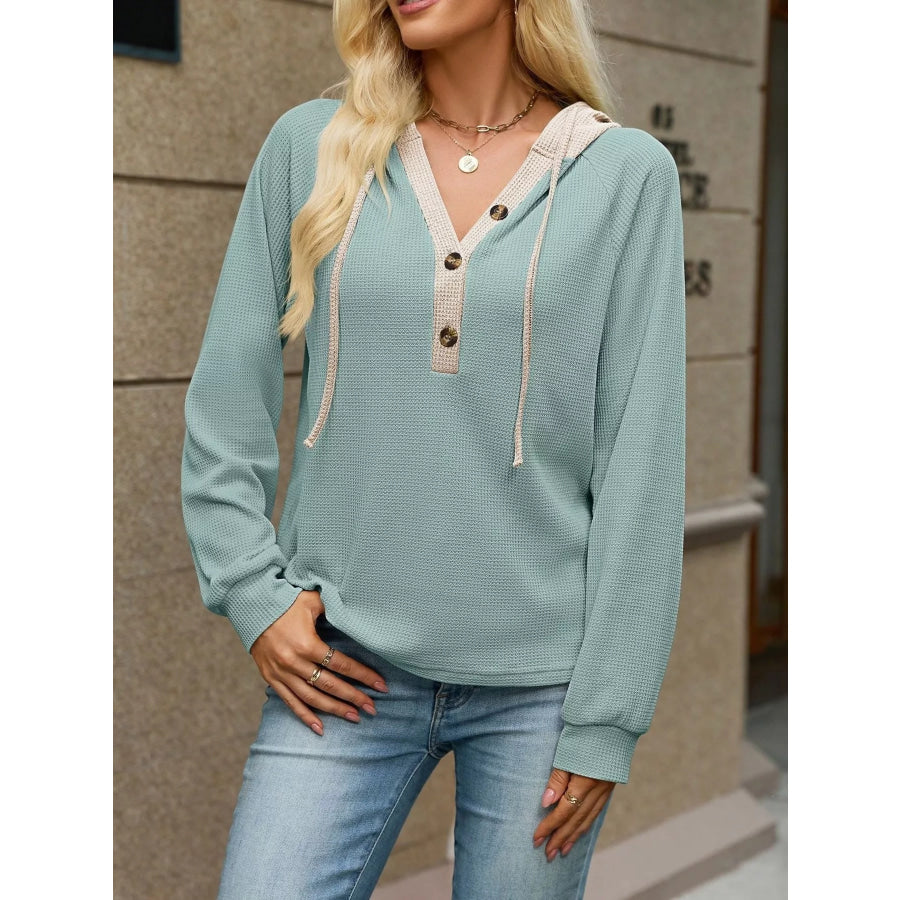 Waffle Knit Henley Hoodie with Contrast Trim Apparel and Accessories