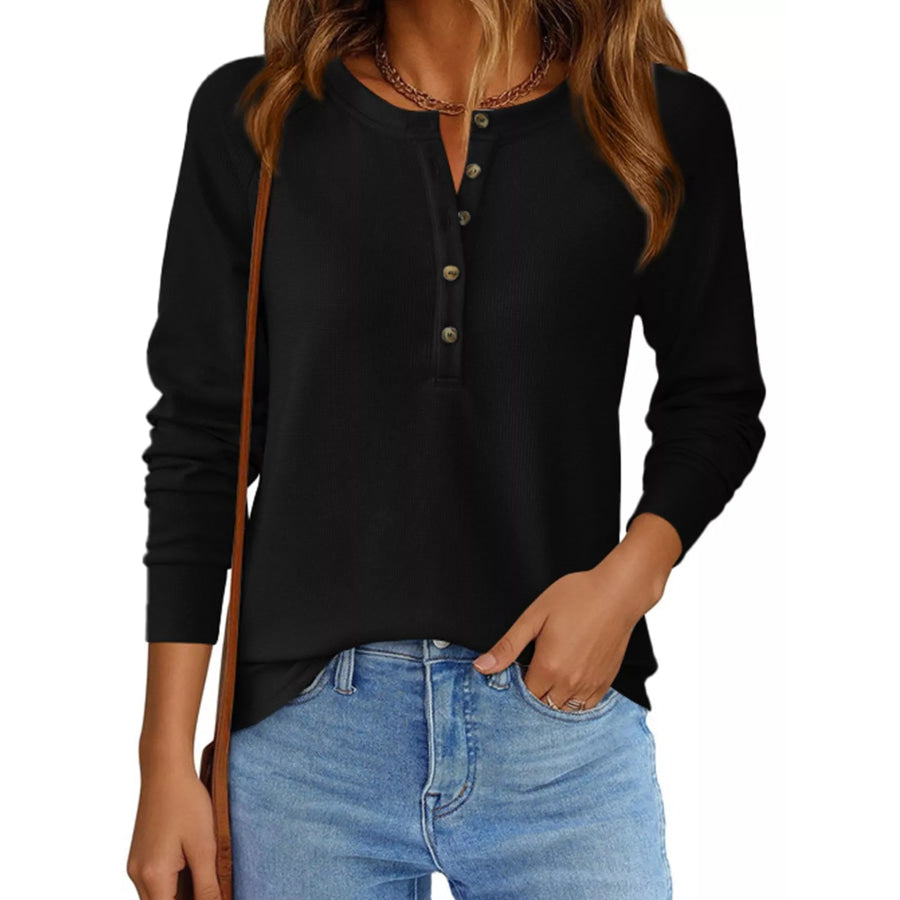Waffle Knit Henley Long Sleeve T-Shirt Apparel and Accessories