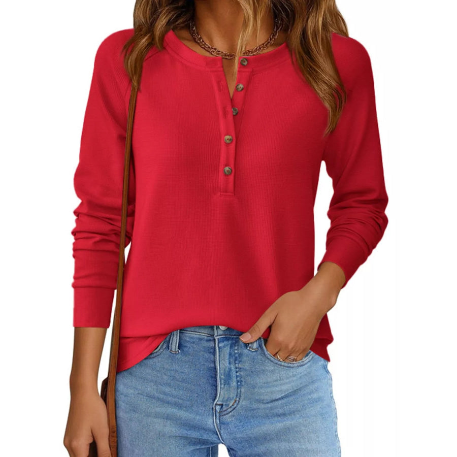 Waffle Knit Henley Long Sleeve T-Shirt Apparel and Accessories