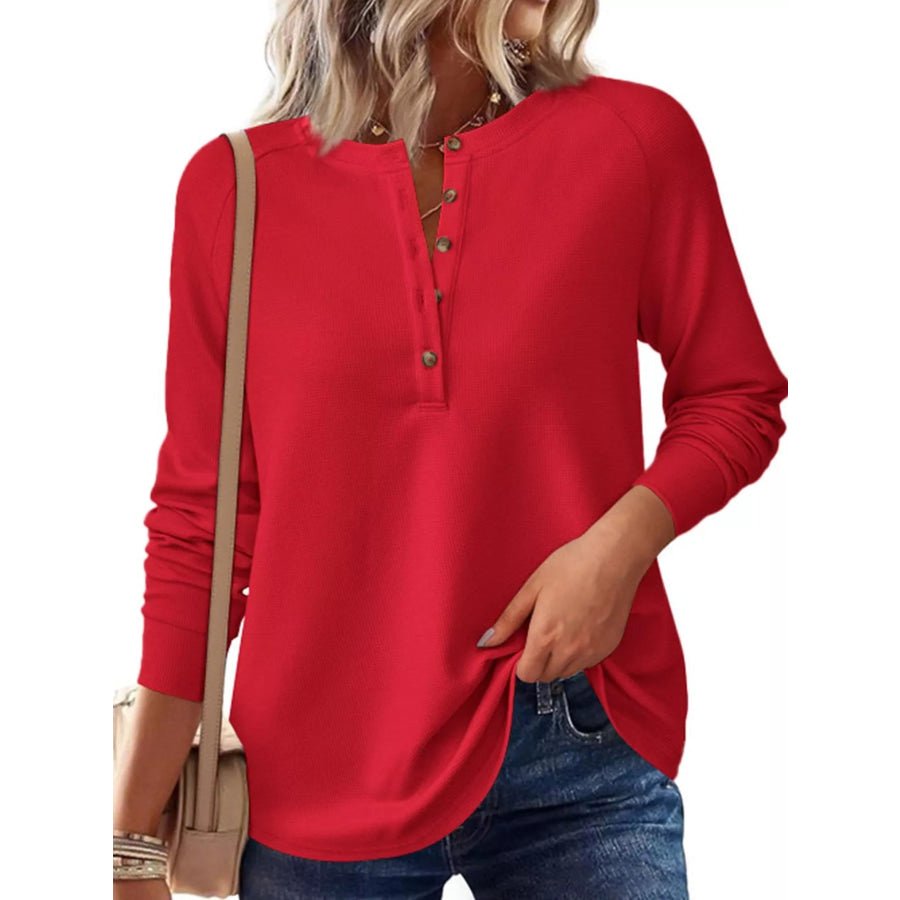 Waffle Knit Henley Long Sleeve T-Shirt Apparel and Accessories