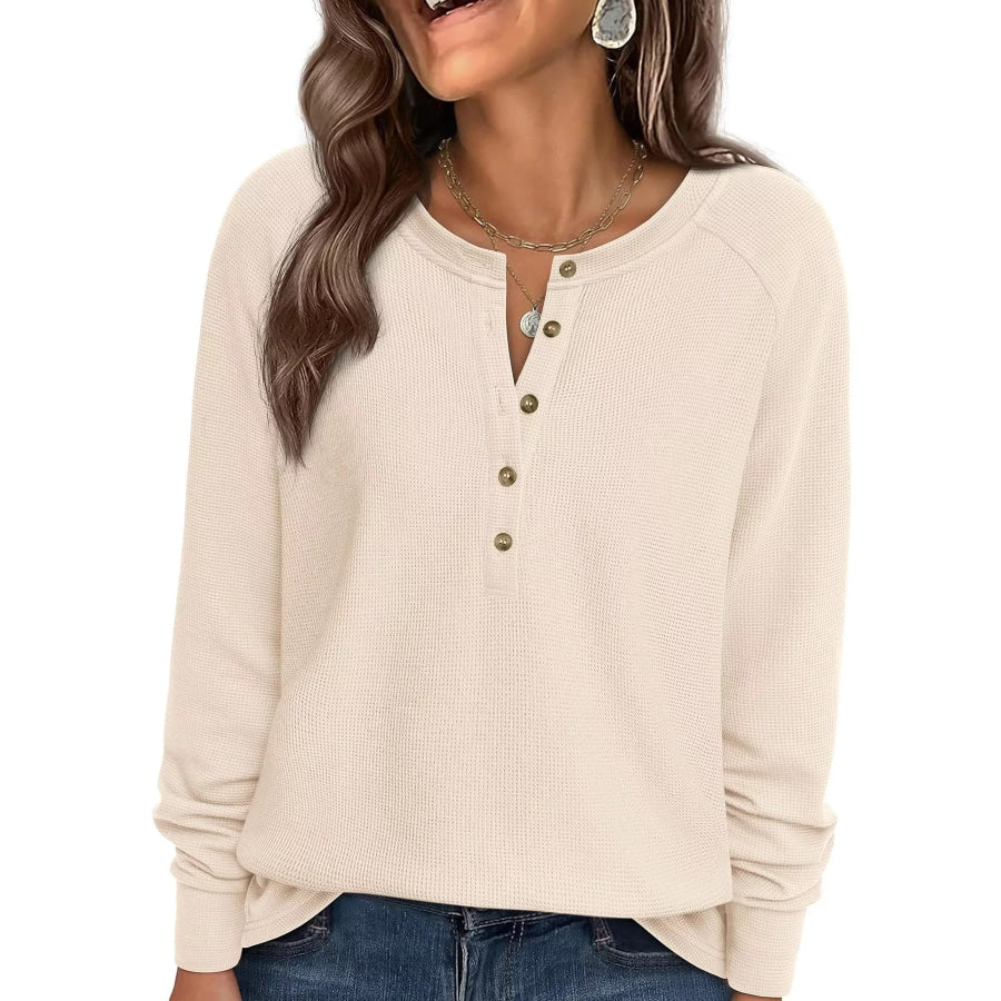 Waffle Knit Henley Long Sleeve T-Shirt Apricot / S Apparel and Accessories