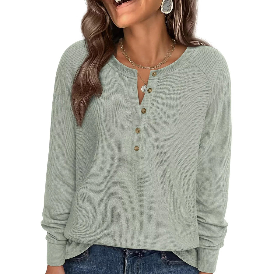 Waffle Knit Henley Long Sleeve T-Shirt Bean Green / S Apparel and Accessories