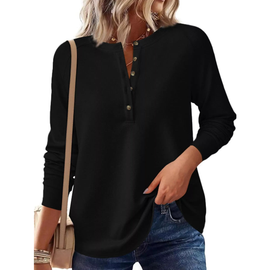 Waffle Knit Henley Long Sleeve T-Shirt Black / S Apparel and Accessories