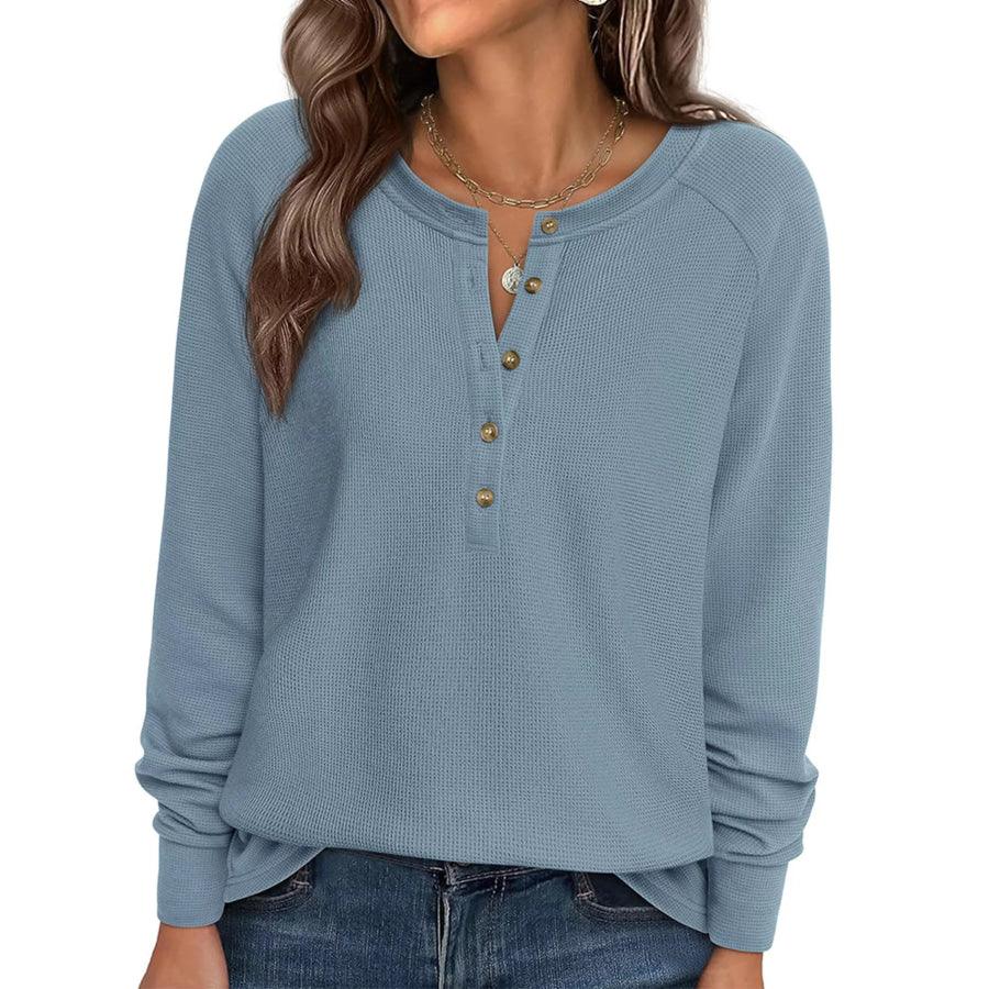 Waffle Knit Henley Long Sleeve T-Shirt Blue / S Apparel and Accessories