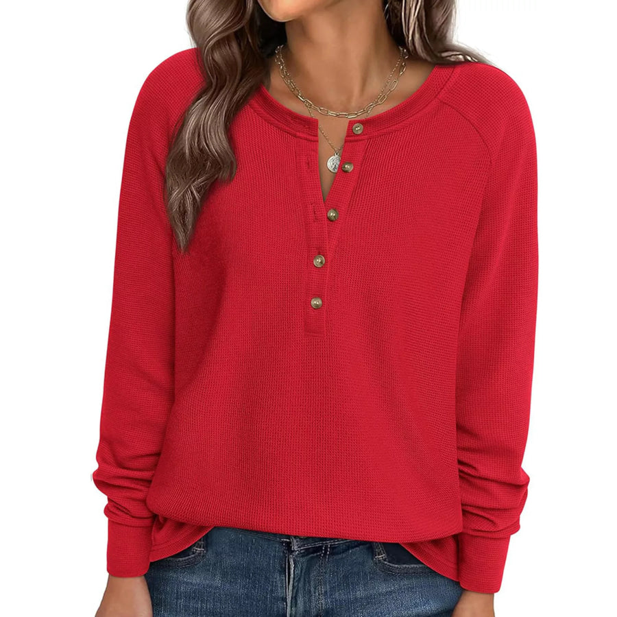 Waffle Knit Henley Long Sleeve T-Shirt Red / S Apparel and Accessories