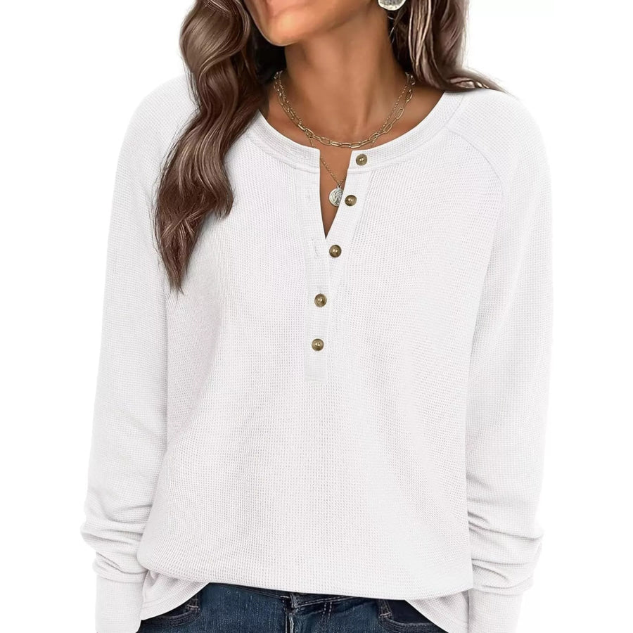Waffle Knit Henley Long Sleeve T-Shirt White / S Apparel and Accessories