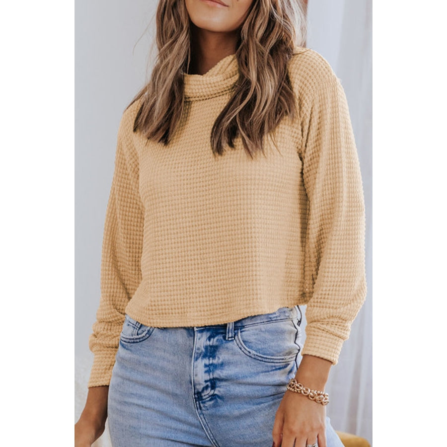 Waffle-Knit High Neck Top Beige / S