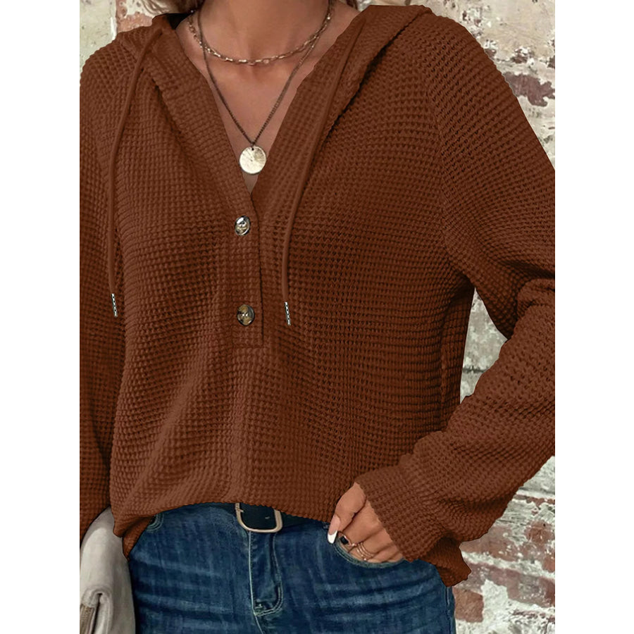 Waffle Knit Hooded Top with Drawstring Apparel and Accessories