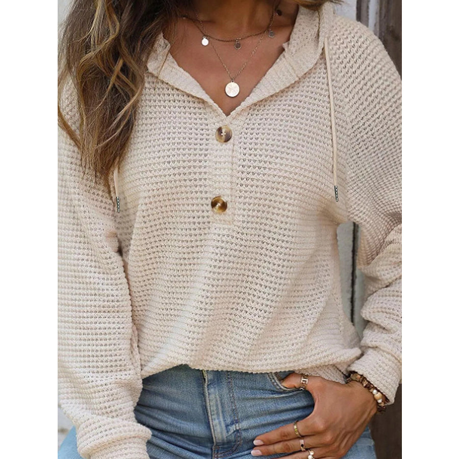 Waffle Knit Hooded Top with Drawstring Apparel and Accessories