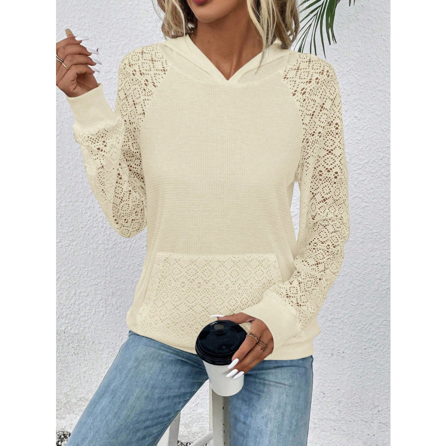 Waffle-Knit Lace Kangaroo Pocket Hoodie Apparel and Accessories