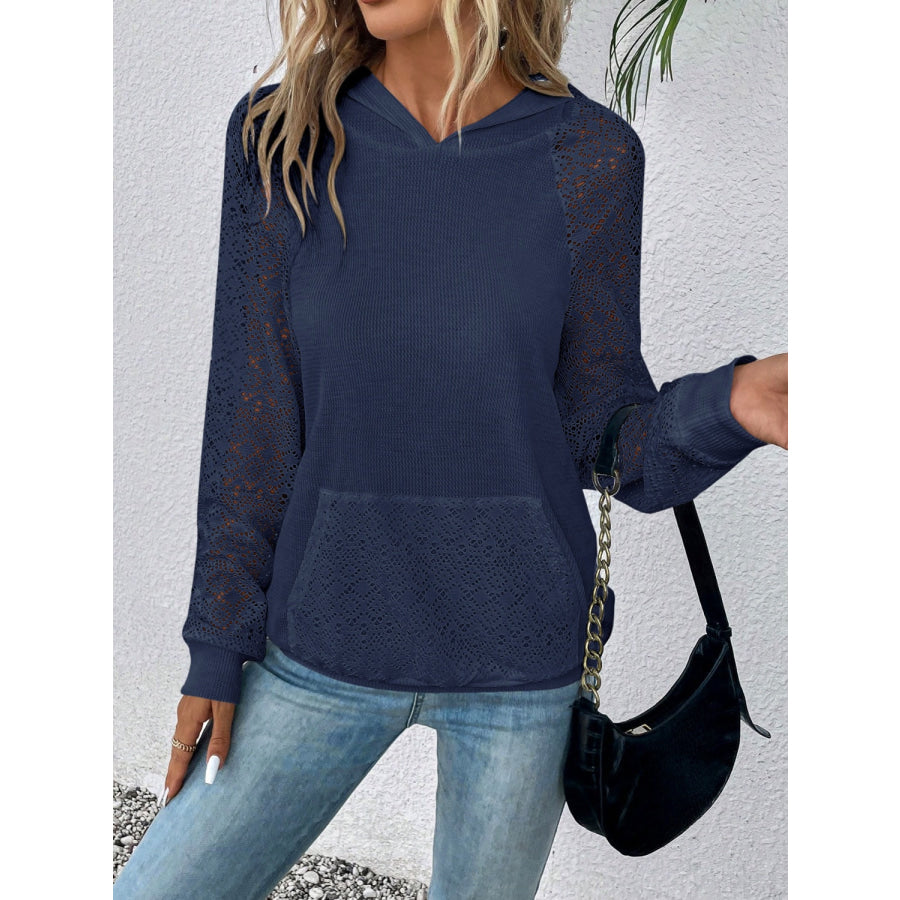 Waffle-Knit Lace Kangaroo Pocket Hoodie Navy / S Apparel and Accessories