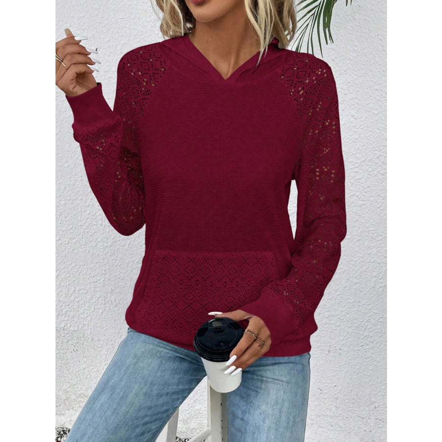 Waffle-Knit Lace Kangaroo Pocket Hoodie Wine / S Apparel and Accessories