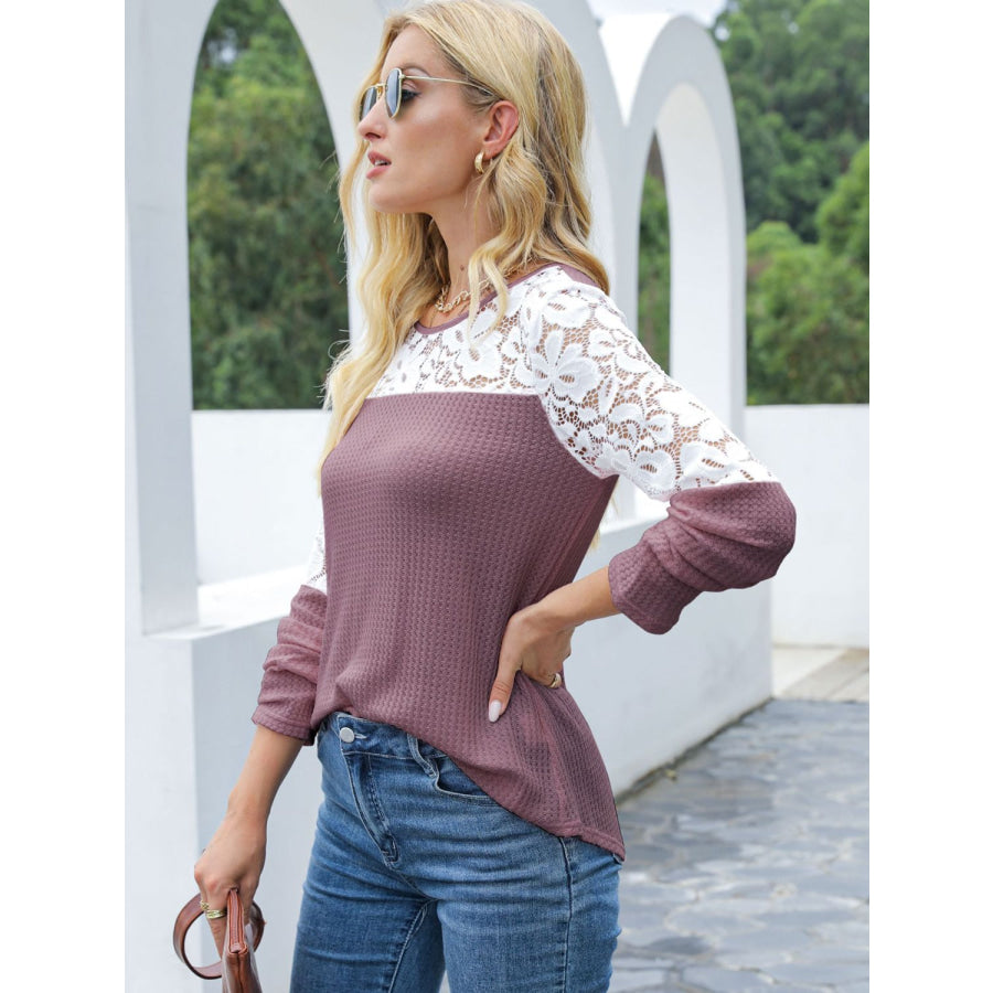 Waffle-Knit Lace Round Neck Long Sleeve T-Shirt Apparel and Accessories