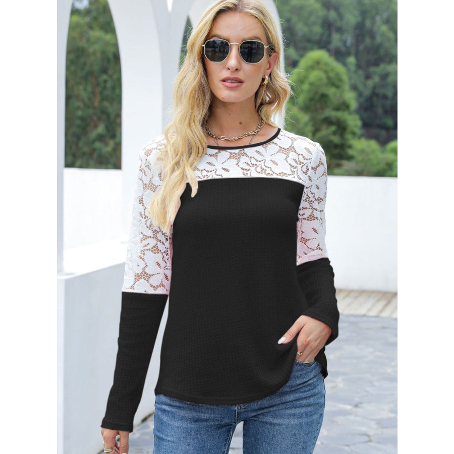 Waffle-Knit Lace Round Neck Long Sleeve T-Shirt Apparel and Accessories