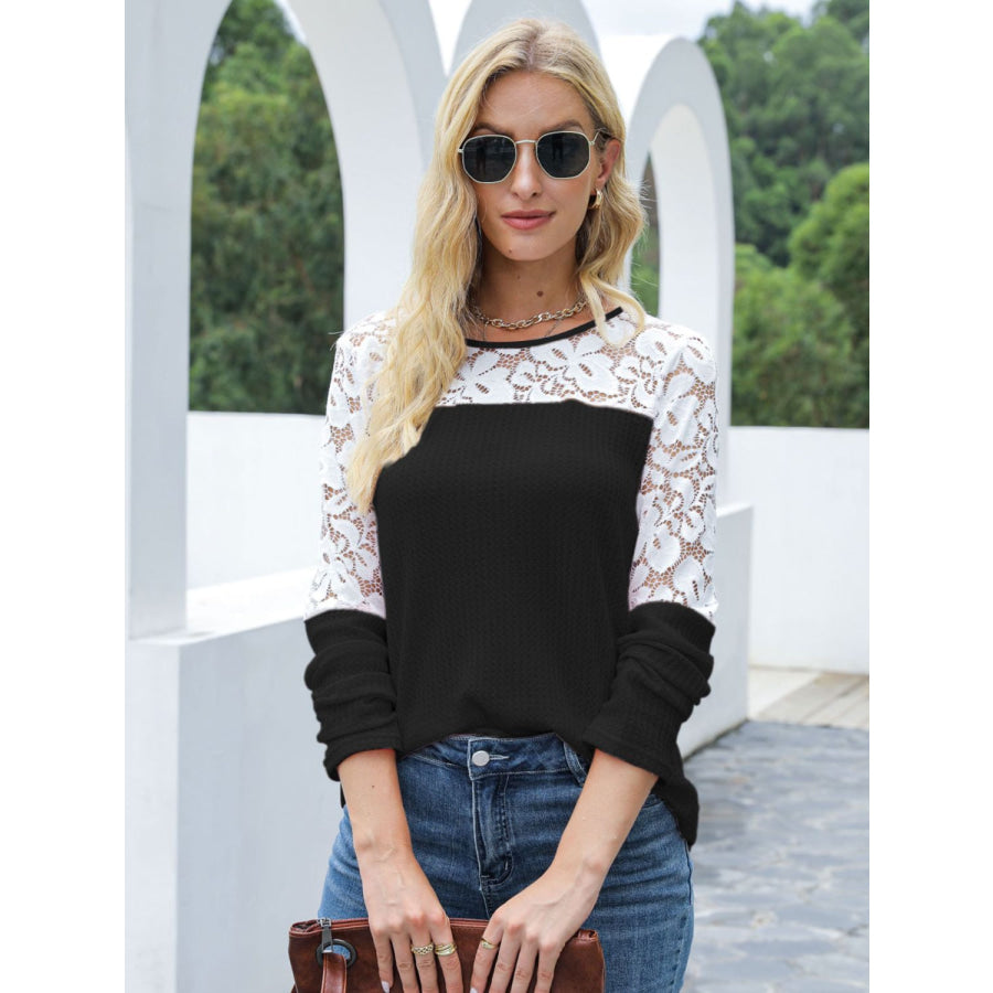 Waffle-Knit Lace Round Neck Long Sleeve T-Shirt Apparel and Accessories