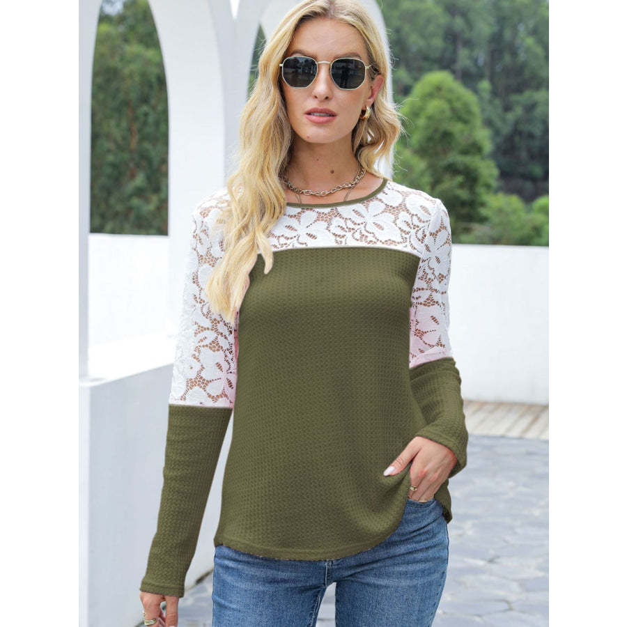 Waffle-Knit Lace Round Neck Long Sleeve T-Shirt Apparel and Accessories