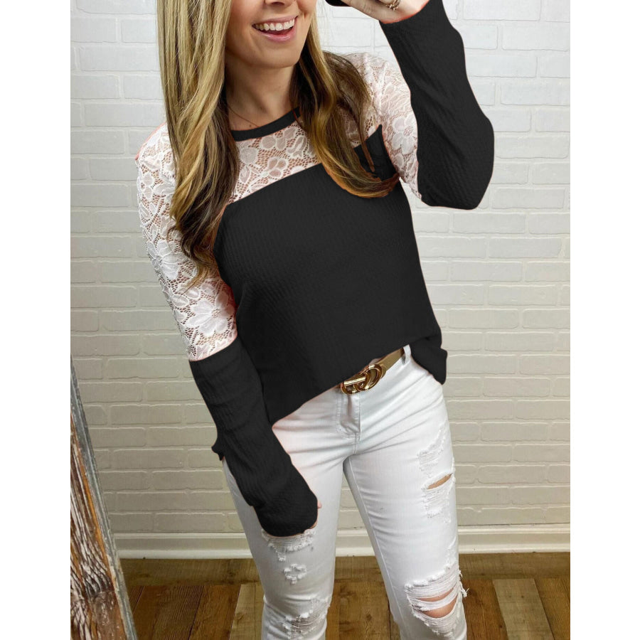 Waffle-Knit Lace Round Neck Long Sleeve T-Shirt Black / S Apparel and Accessories