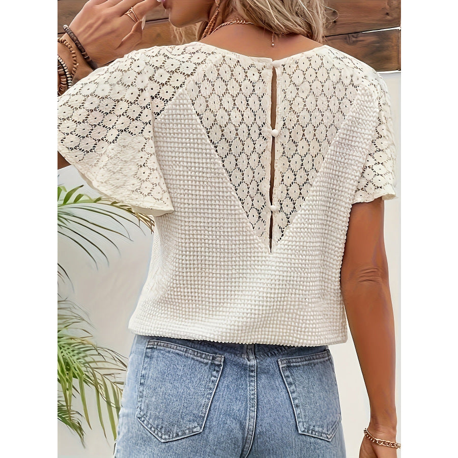 Waffle Knit Lace Sleeve V-Neck Blouse Apparel and Accessories