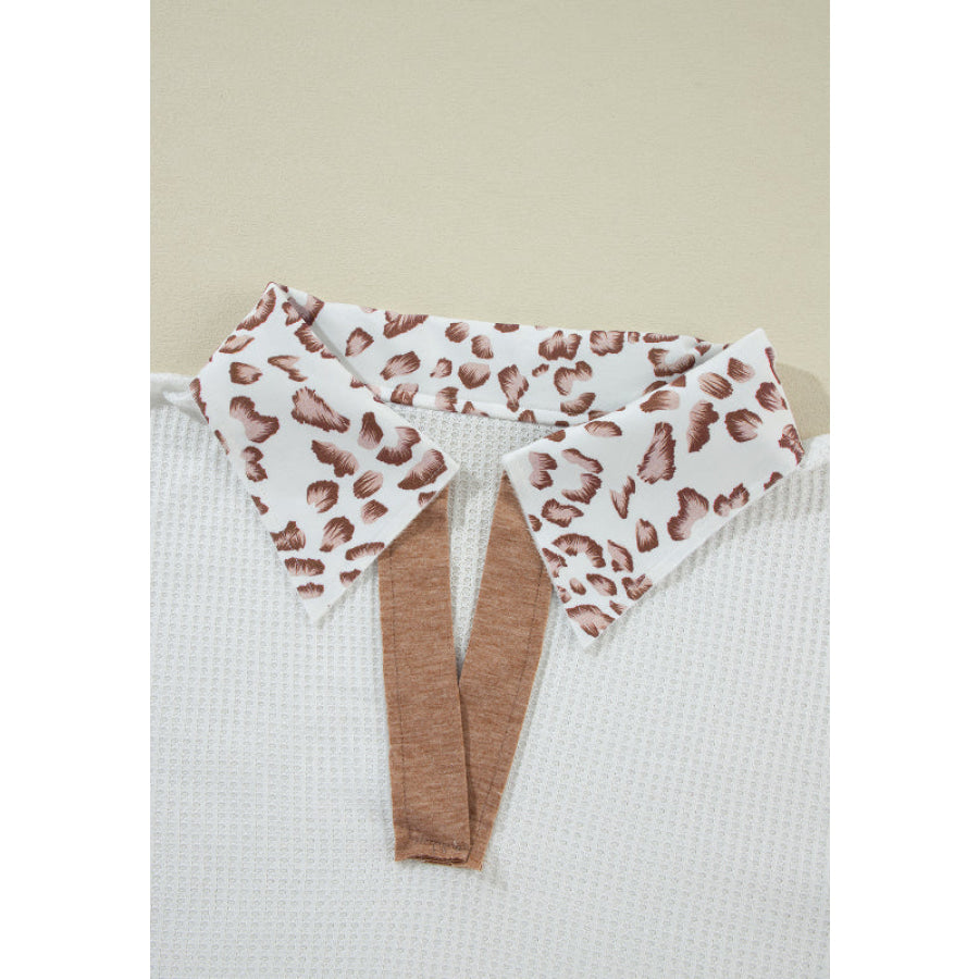 Waffle-Knit Leopard Johnny Collar Long Sleeve Top Apparel and Accessories