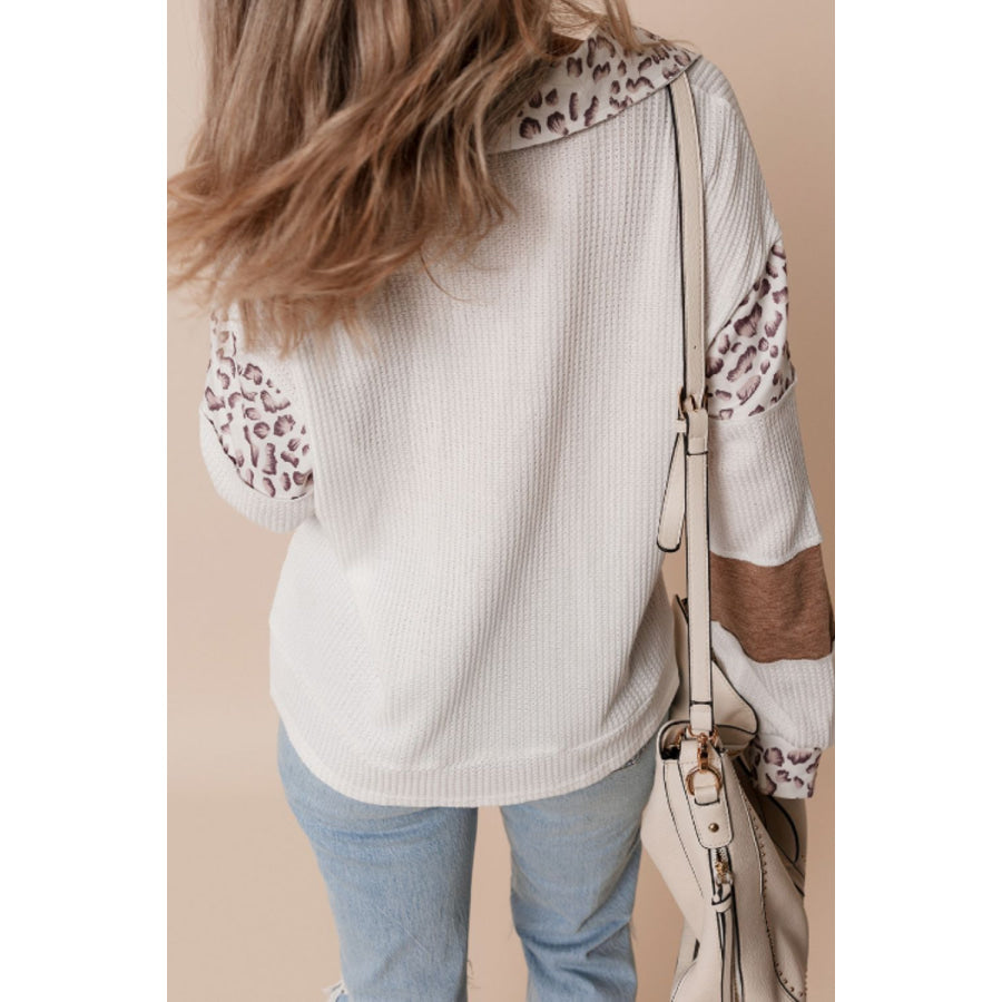 Waffle-Knit Leopard Johnny Collar Long Sleeve Top Apparel and Accessories