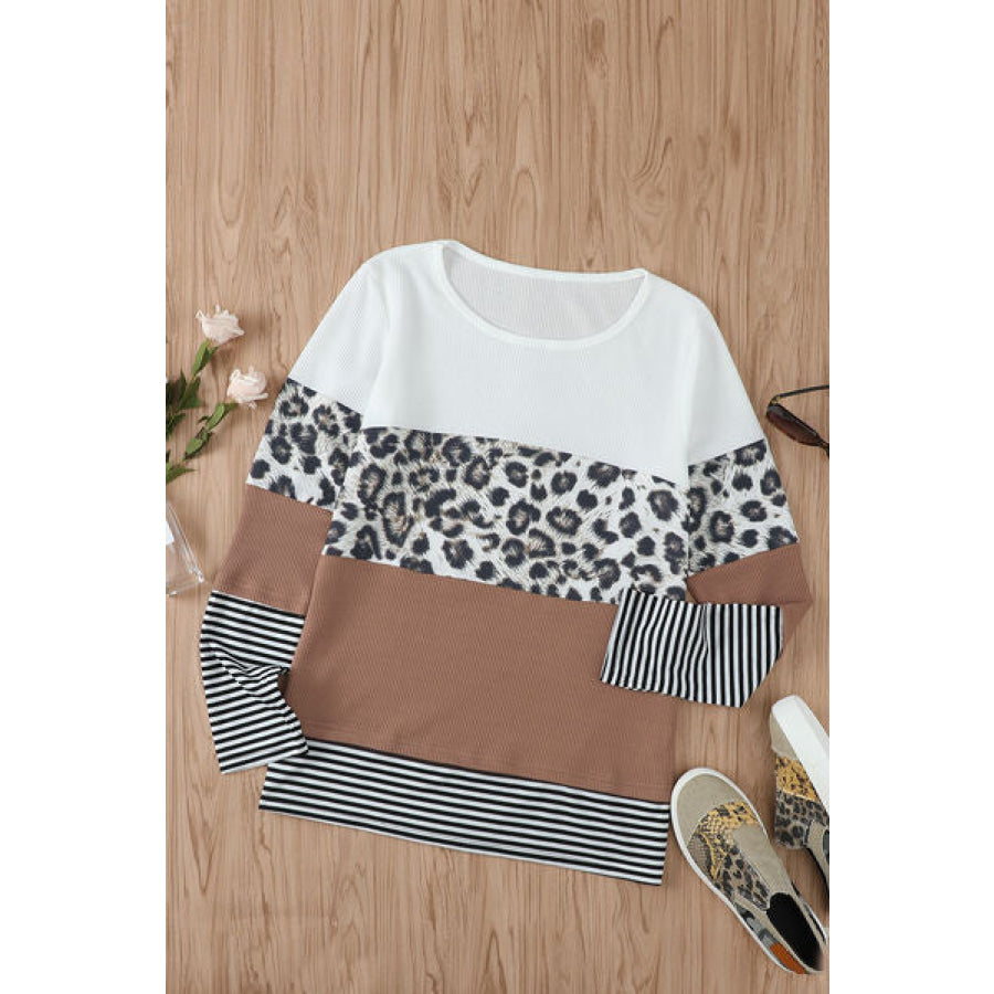 Waffle - Knit Leopard Round Neck Long Sleeve T - Shirt Apparel and Accessories