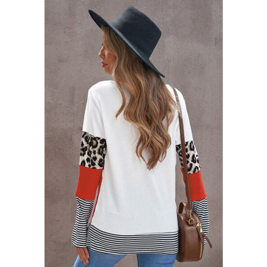 Waffle - Knit Leopard Round Neck Long Sleeve T - Shirt Apparel and Accessories