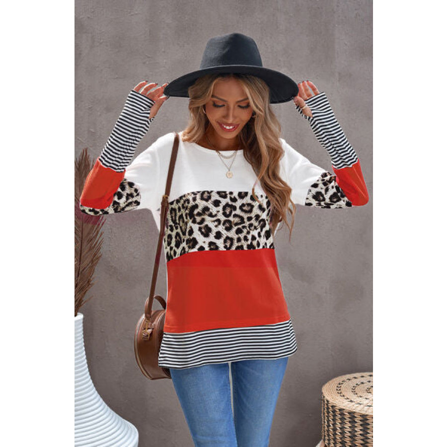 Waffle - Knit Leopard Round Neck Long Sleeve T - Shirt Apparel and Accessories