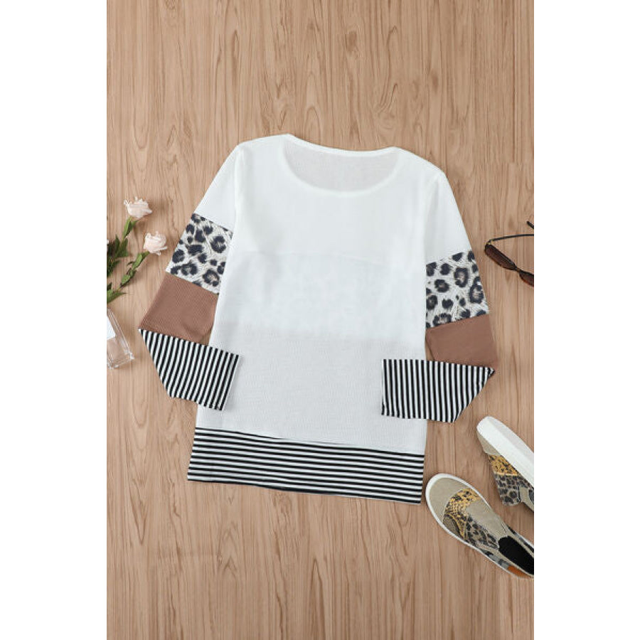 Waffle - Knit Leopard Round Neck Long Sleeve T - Shirt Apparel and Accessories