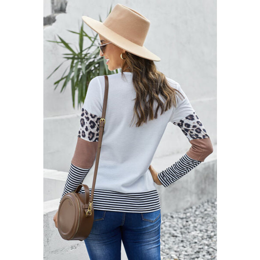 Waffle - Knit Leopard Round Neck Long Sleeve T - Shirt Apparel and Accessories