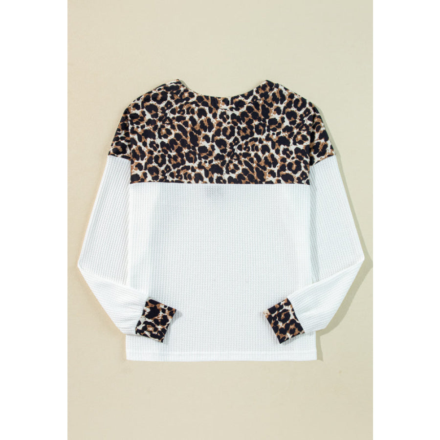 Waffle-Knit Leopard V-Neck Long Sleeve Blouse Apparel and Accessories