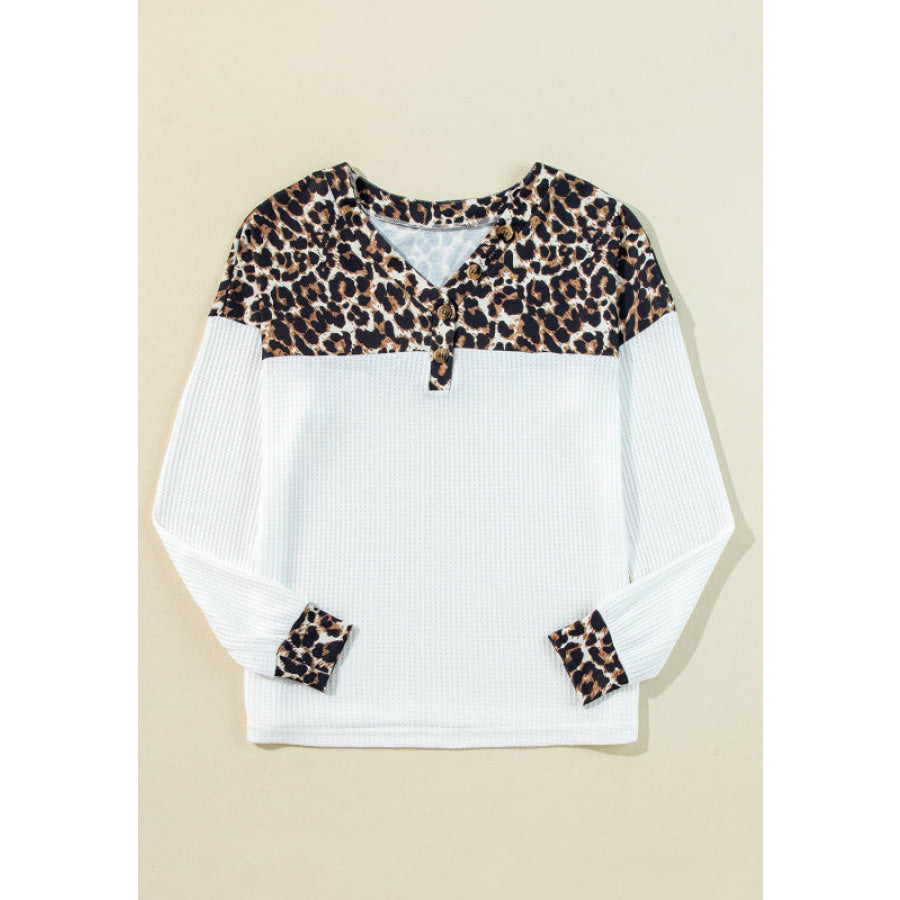 Waffle-Knit Leopard V-Neck Long Sleeve Blouse Apparel and Accessories