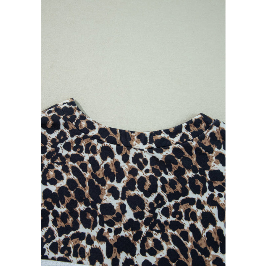 Waffle-Knit Leopard V-Neck Long Sleeve Blouse Apparel and Accessories