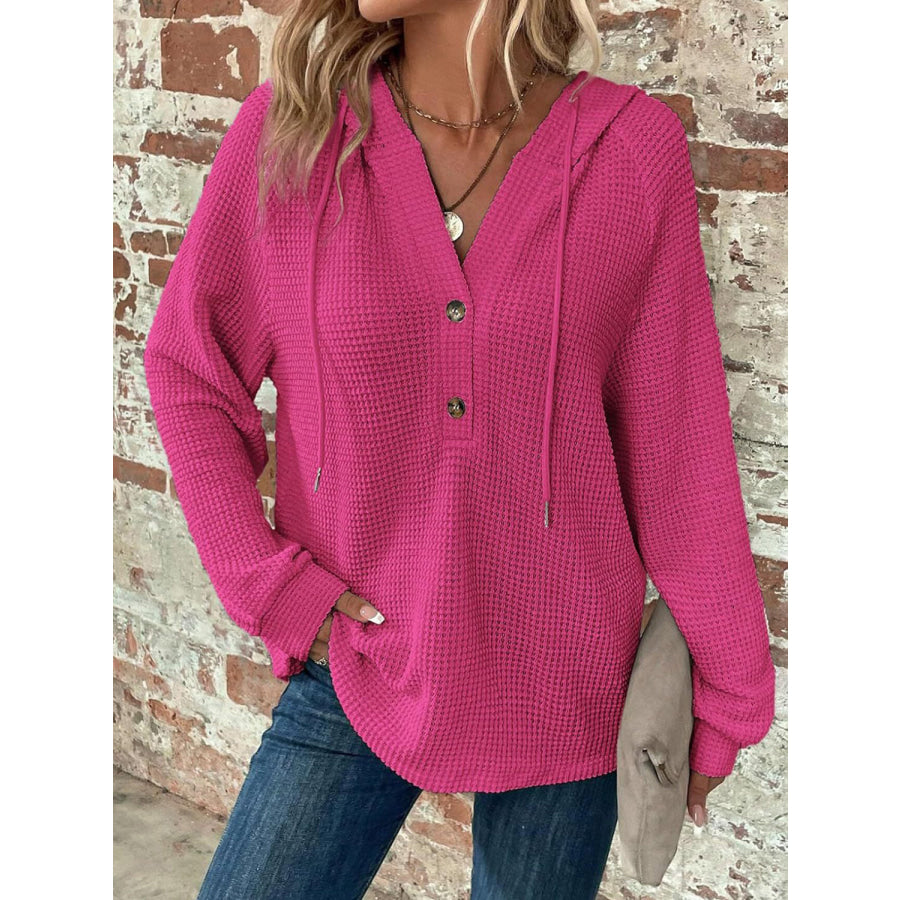 Waffle Knit Long Sleeve Drawstring Hooded Top Apparel and Accessories