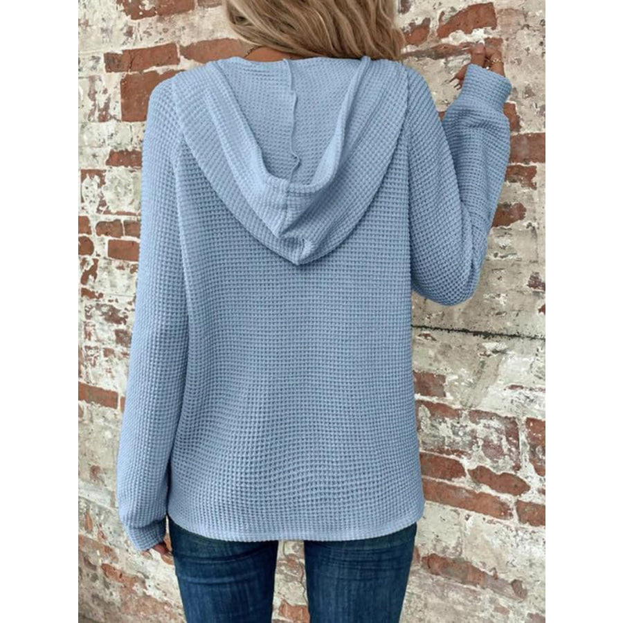 Waffle Knit Long Sleeve Drawstring Hooded Top Apparel and Accessories