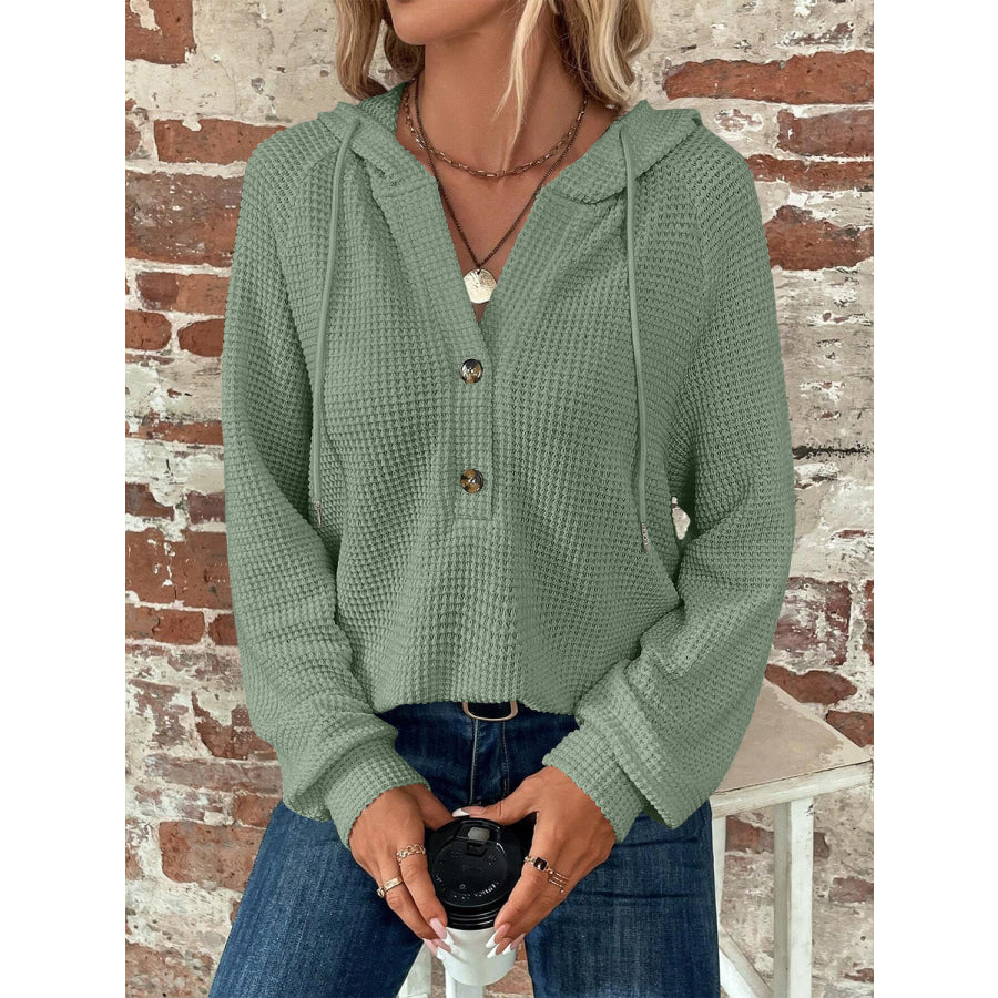 Waffle Knit Long Sleeve Drawstring Hooded Top Apparel and Accessories