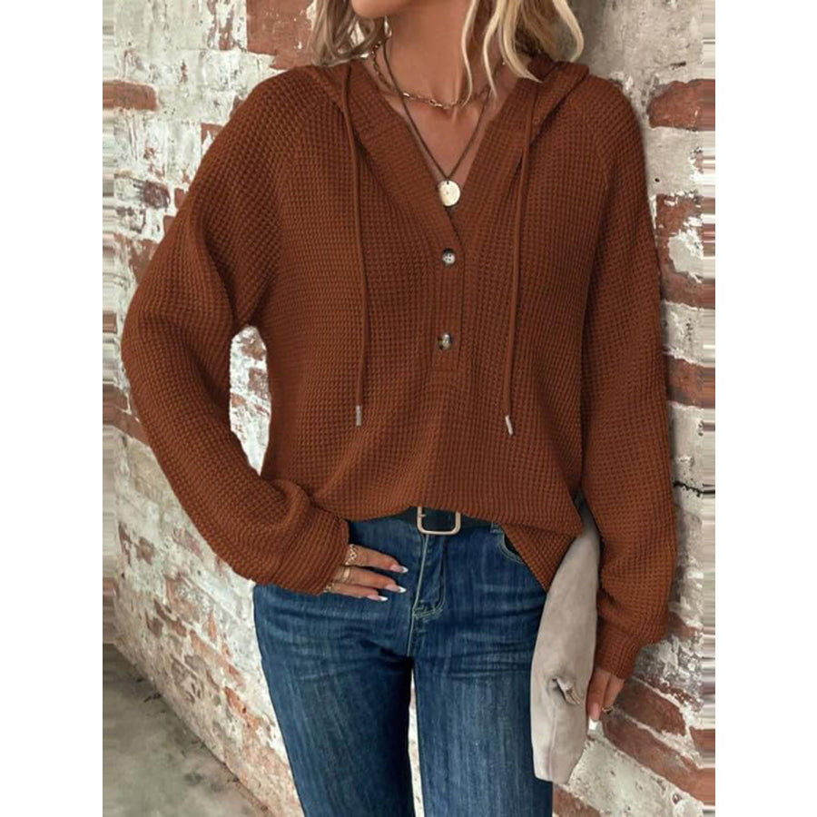 Waffle Knit Long Sleeve Drawstring Hooded Top Apparel and Accessories