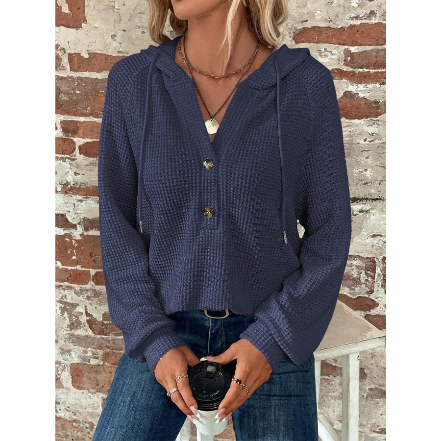 Waffle Knit Long Sleeve Drawstring Hooded Top Apparel and Accessories