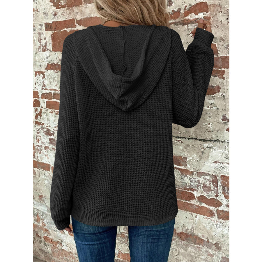 Waffle Knit Long Sleeve Drawstring Hooded Top Apparel and Accessories