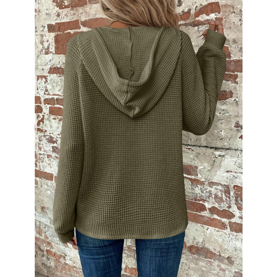 Waffle Knit Long Sleeve Drawstring Hooded Top Apparel and Accessories