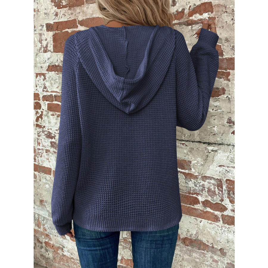 Waffle Knit Long Sleeve Drawstring Hooded Top Apparel and Accessories